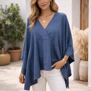 MarlaWynne SZ M/L Cotton Viscose Blue Everywhere V Neck Poncho Sweater NWT